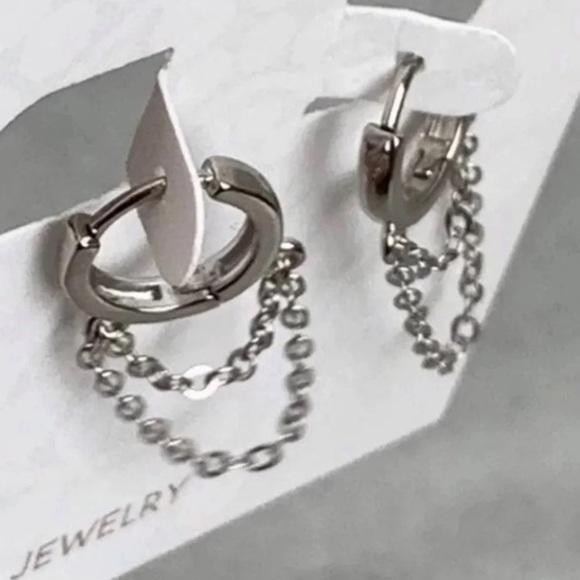 Sterling Silver Layered Chain Huggie Hoop Earrings Brand New - Picture 4 of 5
